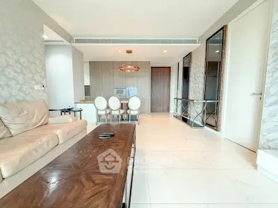 Spacious modern living room with elegant dining area and stylish decor