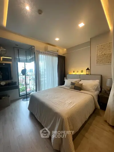 Modern bedroom with city view and stylish decor
