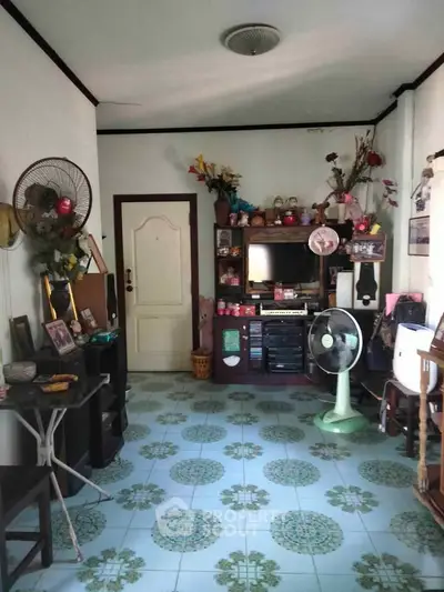 Charming living room with vintage decor and floral tile flooring