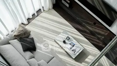 Stylish modern living room with cozy gray sofa and elegant coffee table, bathed in natural light.