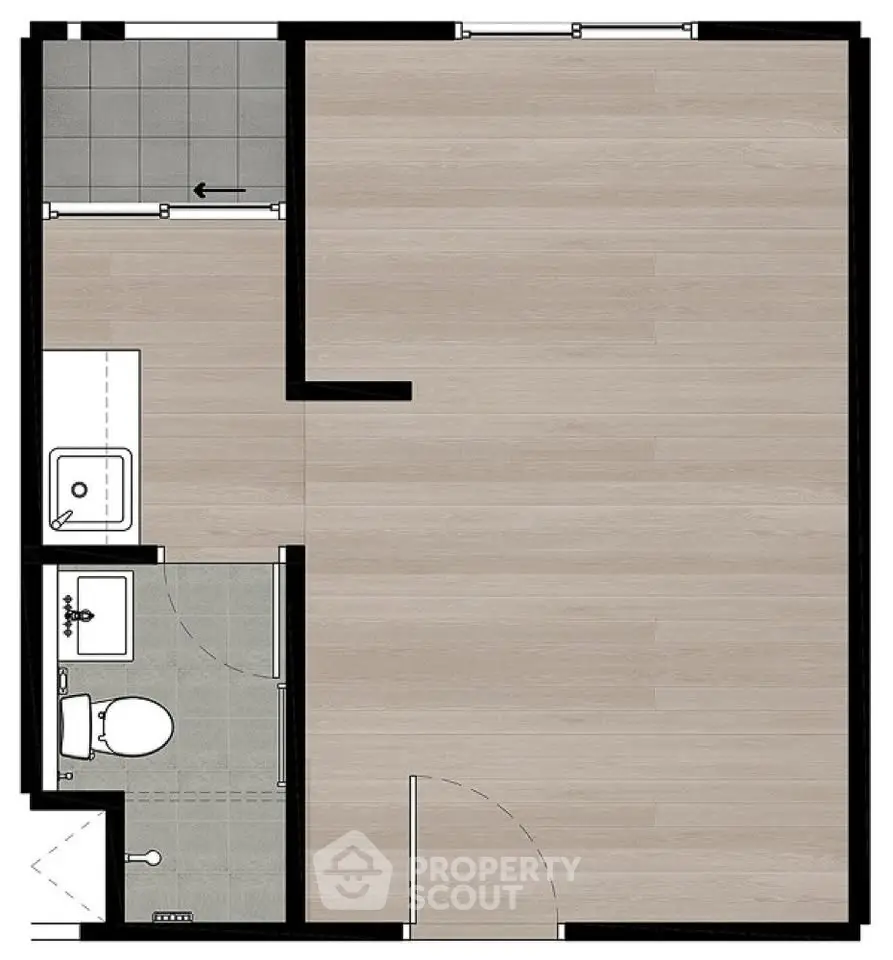 Modern apartment floor plan with open layout and bathroom.
