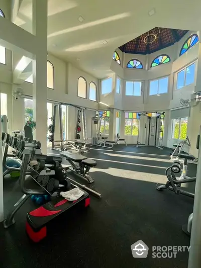 Luxurious gym with high ceilings and modern equipment in a sunlit room