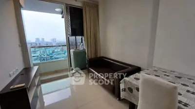 Modern living room with balcony view in urban apartment