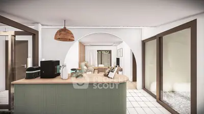 Modern open-plan living area with stylish decor and natural light