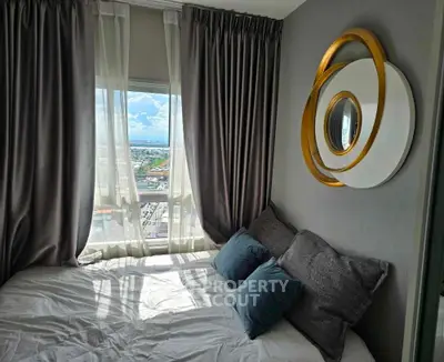 Luxurious bedroom with stunning city view and elegant decor