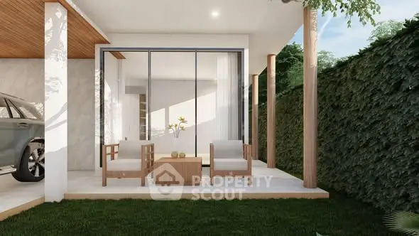 Modern patio with elegant outdoor seating and lush greenery