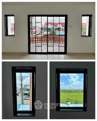 Bright room with large windows offering stunning views of lush greenery and neighborhood.