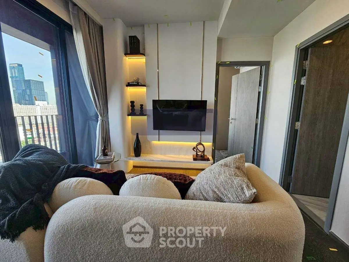 Modern living room with city view and stylish decor