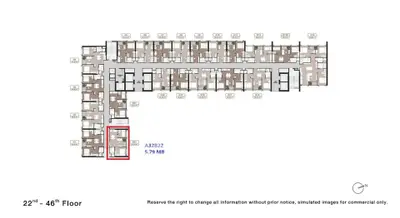 High-rise building floor plan showcasing multiple apartment layouts from 22nd to 46th floor.
