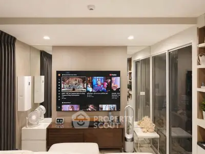 Modern living room with sleek entertainment setup and stylish decor