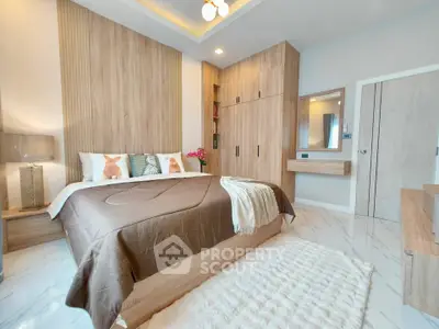 Modern bedroom with stylish wooden furniture and cozy decor