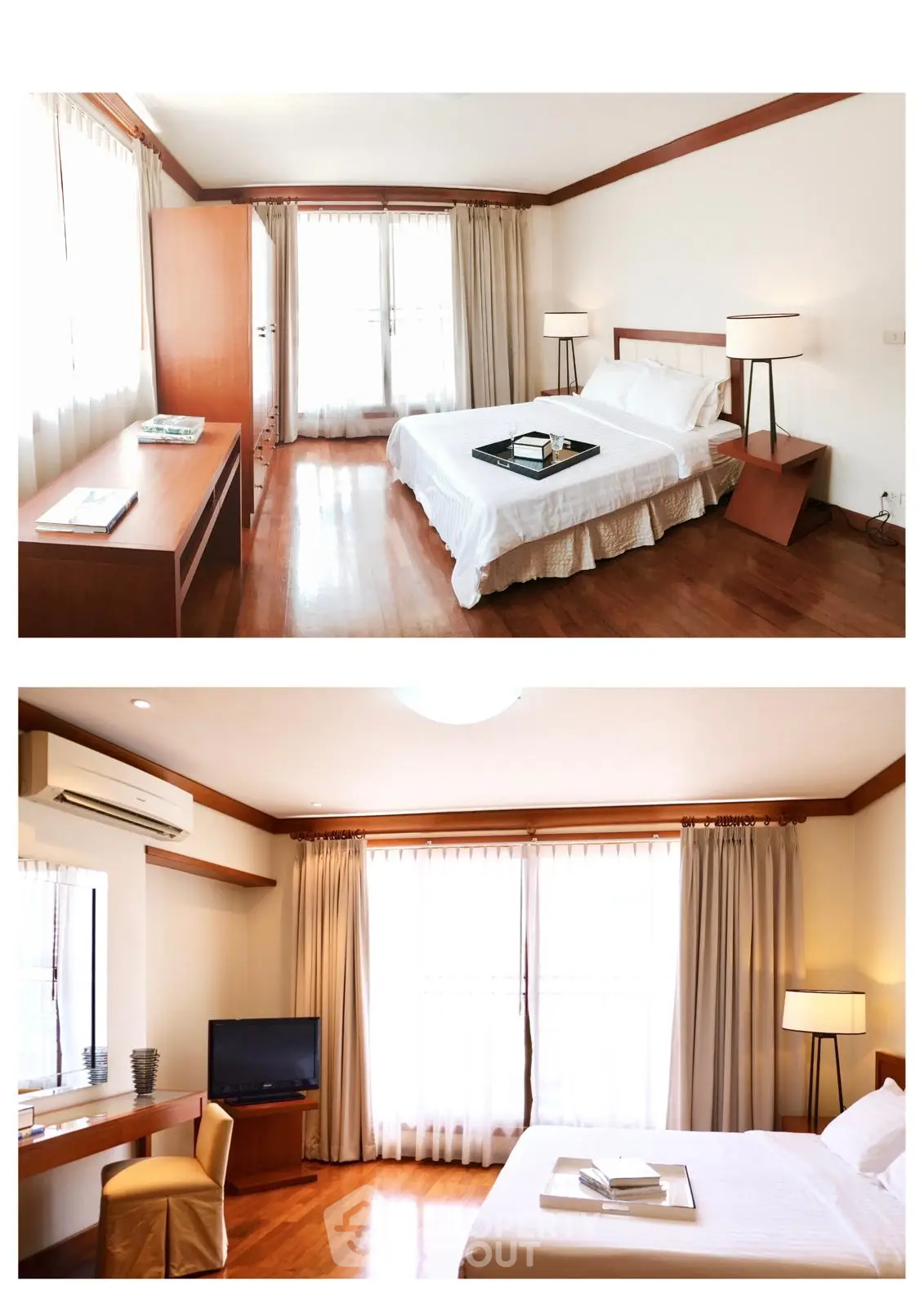 Spacious bedroom with elegant wooden flooring and natural light, featuring modern furniture and a cozy ambiance.