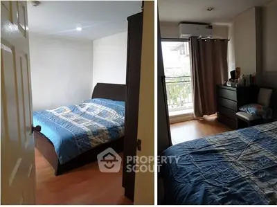 Cozy bedroom with wooden flooring and balcony access, featuring modern furniture and natural light.