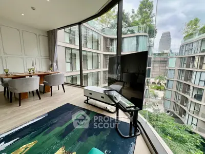 Luxurious modern living room with floor-to-ceiling windows and stunning city view.