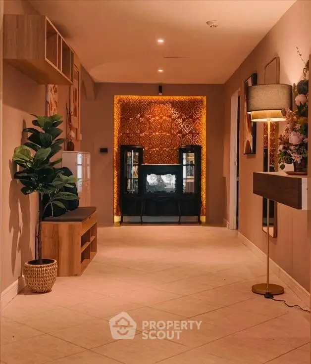 Elegant hallway with warm lighting and stylish decor in modern home