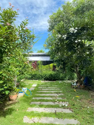 Lush garden pathway leading to a serene outdoor retreat with vibrant greenery and clear blue skies.