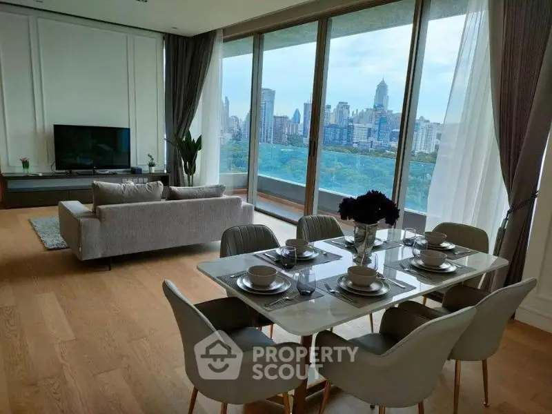 Luxurious living room with stunning city view and elegant dining area