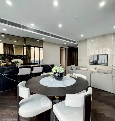 Luxurious modern living room with elegant dining area and stylish decor