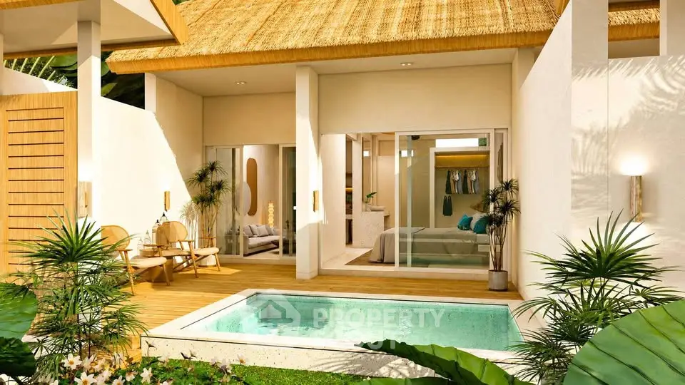 Luxurious tropical villa with private pool and elegant outdoor seating area, perfect for relaxation and tranquility.