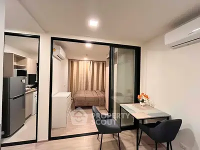 Modern apartment interior with cozy bedroom and stylish dining area