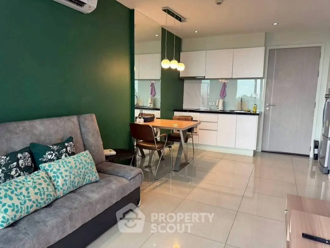 Modern living room with stylish kitchen open layout and elegant decor