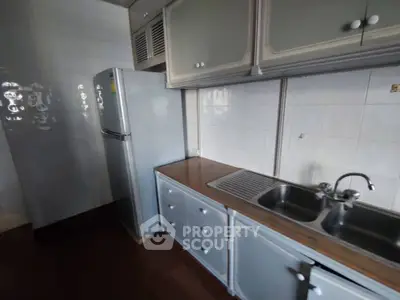 Compact kitchen with fridge and dual sink in cozy apartment