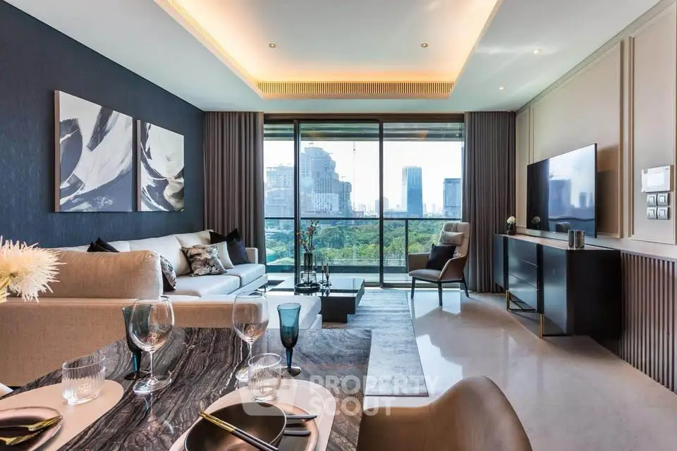 Luxurious modern living room with city view, elegant decor, and spacious layout.