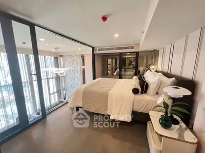 Luxurious modern bedroom with floor-to-ceiling windows and elegant decor