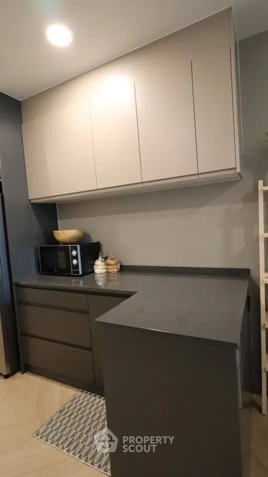 Modern kitchen with sleek cabinetry and microwave in stylish apartment