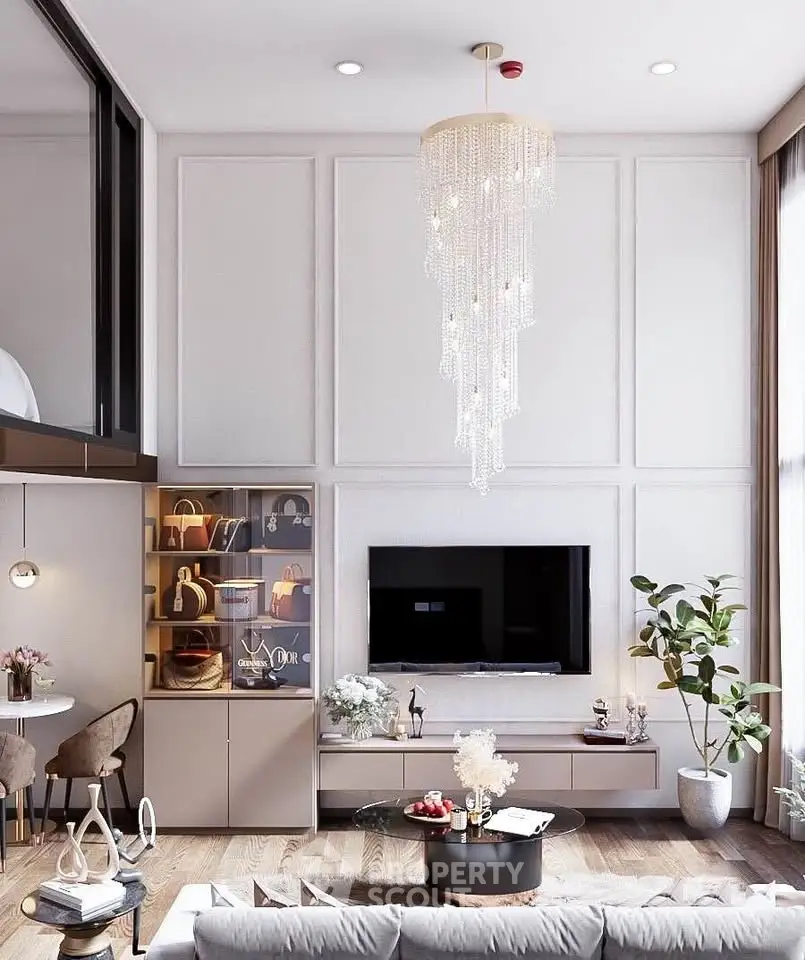 Luxurious living room with elegant chandelier and modern decor