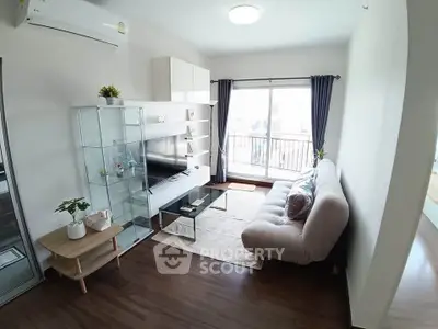 Modern living room with glass cabinet, cozy sofa, and balcony view
