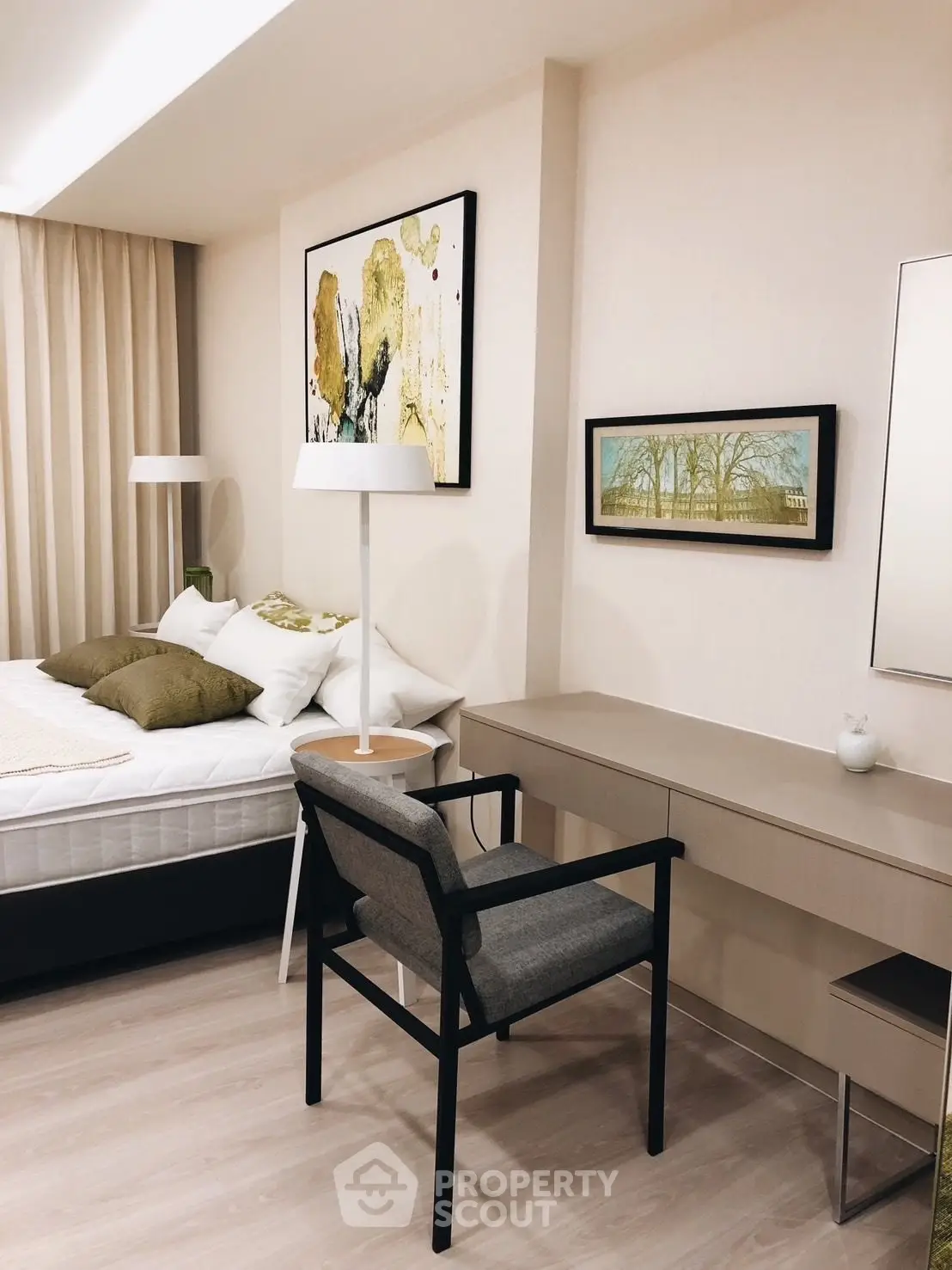 Modern bedroom with stylish decor and comfortable furnishings, perfect for relaxation and rest.