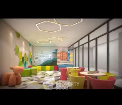 Vibrant children's playroom with colorful furniture and geometric lighting