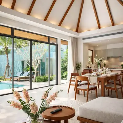 Luxurious open-plan living room with pool view and elegant decor