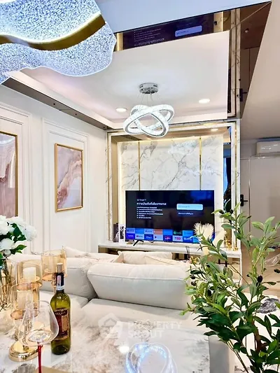 Luxurious modern living room with elegant decor and marble accents