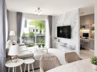 Luxurious living room with elegant marble accent wall and modern decor