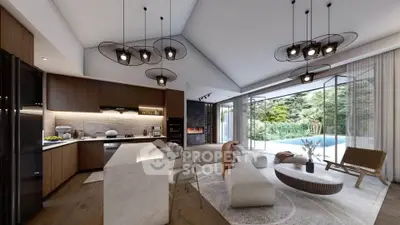 Luxurious open-plan living room with modern kitchen and pool view, featuring elegant lighting and stylish furniture.