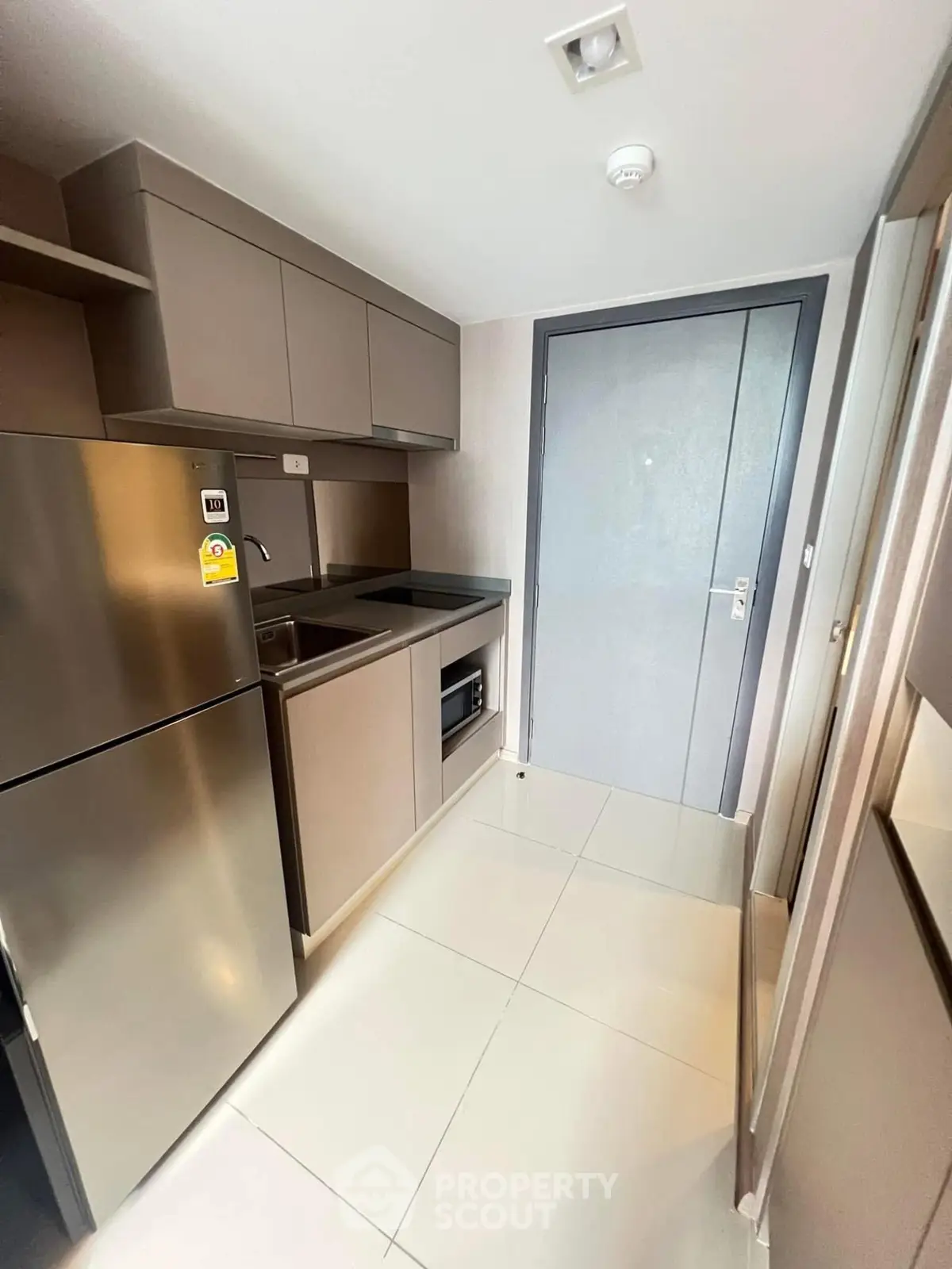Modern compact kitchen with sleek cabinetry and stainless steel appliances