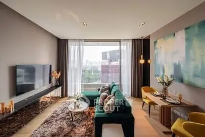 Luxurious modern living room with stylish decor and large window view.