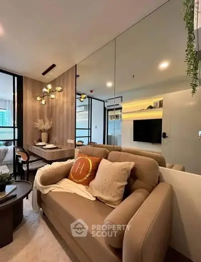 Modern living room with stylish decor and cozy seating area