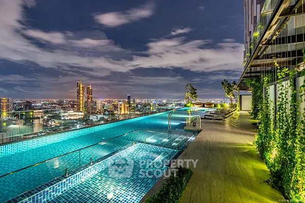 Luxurious rooftop infinity pool with stunning city skyline view at night, perfect for relaxation and entertainment.
