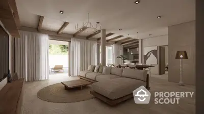 Spacious living room with modern decor and open layout, featuring wooden beams and natural light.