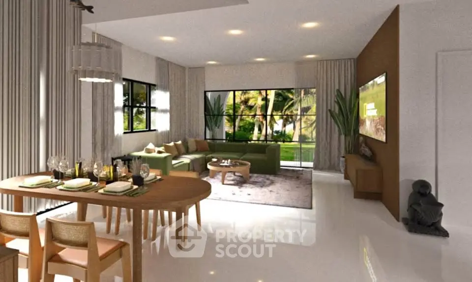 Luxurious open-plan living and dining area with garden view, elegant decor, and natural light.