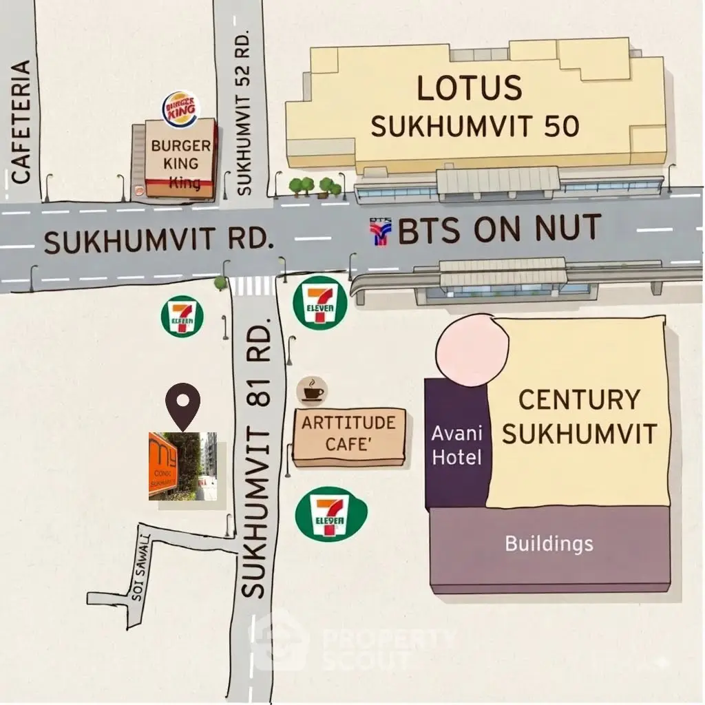 Map showing Sukhumvit area with landmarks like BTS On Nut and Century Sukhumvit.