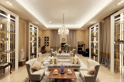 Luxurious living room with elegant decor and plush seating