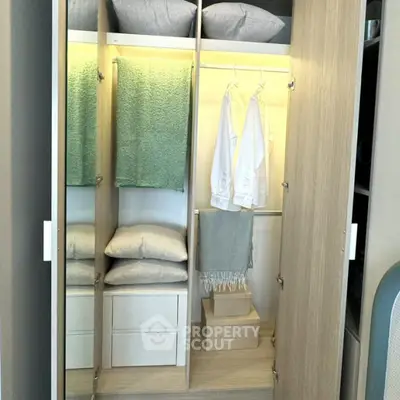 Modern wardrobe with mirrored doors and organized storage space in a stylish bedroom.