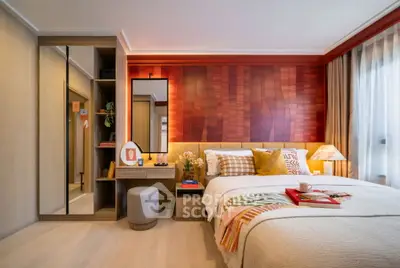 Luxurious modern bedroom with stylish decor and warm lighting