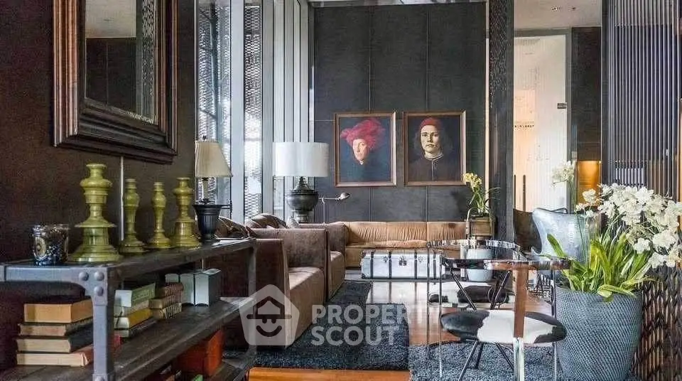 Luxurious living room with elegant decor and plush seating in modern apartment.