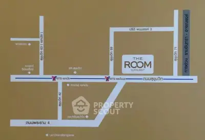 Map showing location of The Room Sukhumvit, highlighting nearby streets and landmarks.