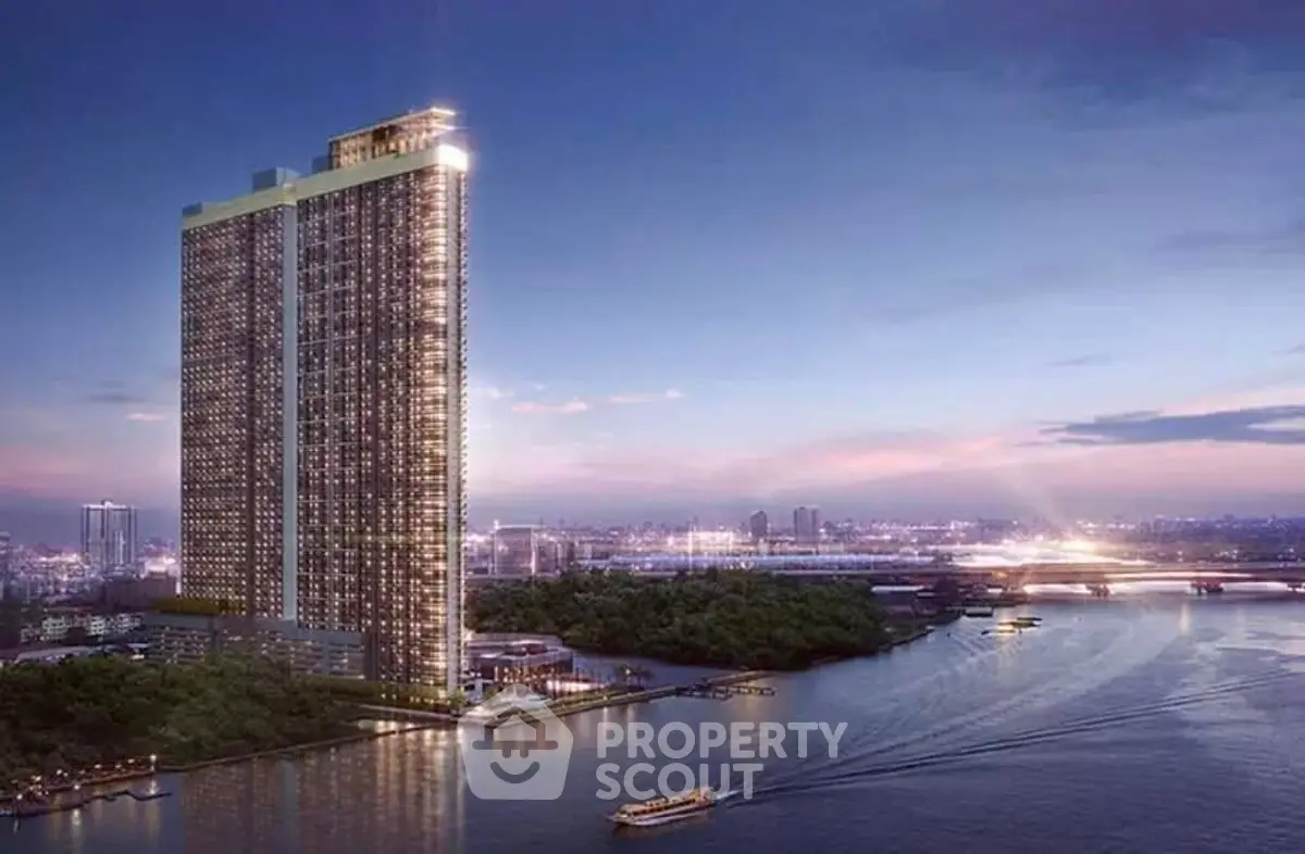 Stunning riverside high-rise building with panoramic city views at dusk.